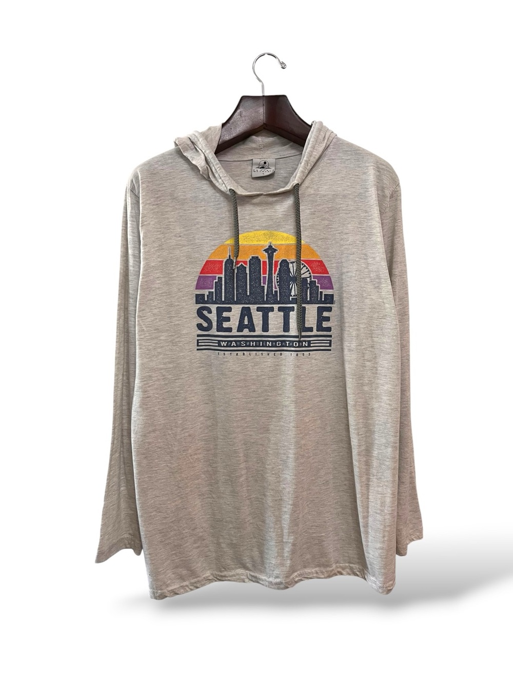 Prairie Mountain Ash Grey Seattle Graphic Hooded Long Sleeve T-Shirt, Large